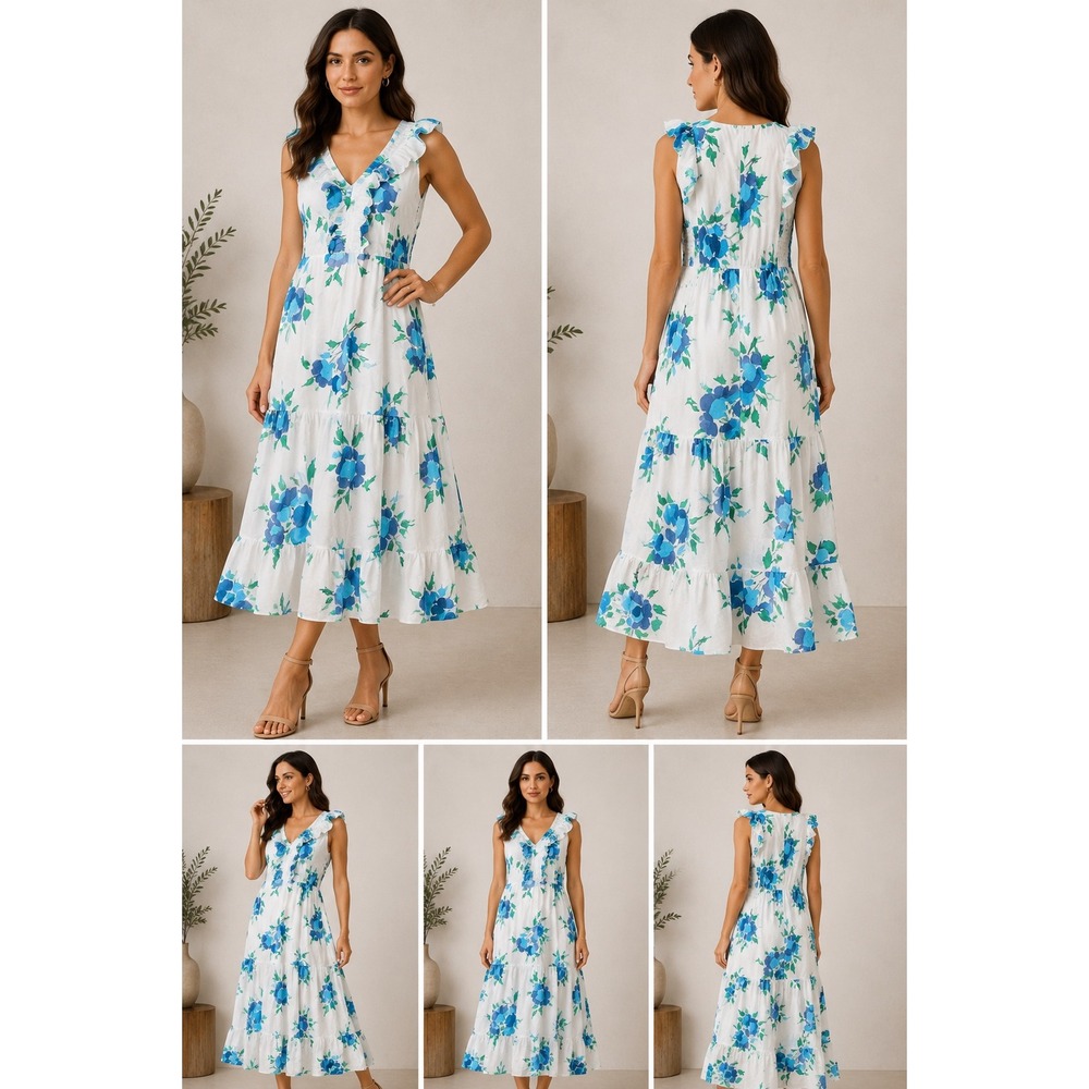 J.Crew Blue Floral Tiered‎ Cotton Midi Dress White Ruffle V-Neck Sleeveless 0